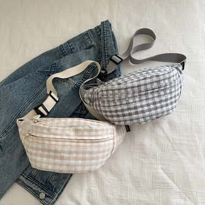 Sac banane à carreaux en velours pour femme en orange et gris style scolaire