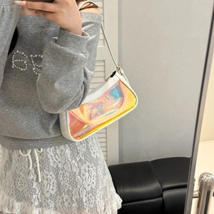 Chic holographic transparent shoulder bag with white leather trim and metal zipper