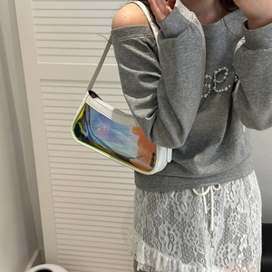 Chic white shoulder bag featuring a unique holographic clear window on the side