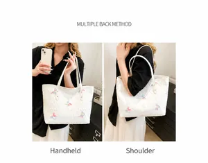 Detail showing the tote bag with butterfly embroidery in handheld and shoulder carry modes