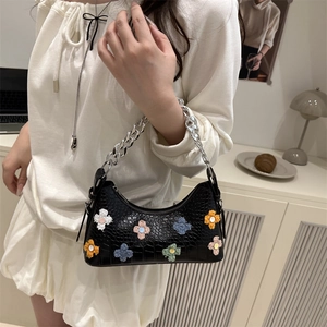Black crocodile pattern baguette bag with colorful flower applique and silver chain strap