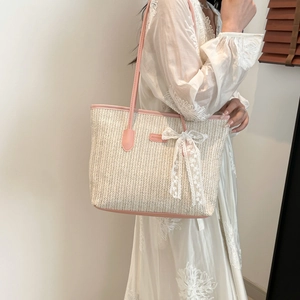 Sac Fourre-tout Tissé en Paille pour Femmes Avec Nœud en Dentelle Poignée en Cuir Synthétique Contraste Sac d'Épaule Pastoral Français