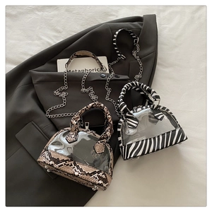 Dettaglio borsa a conchiglia in PVC trasparente con base in pelle e catena argento