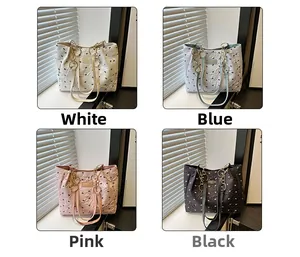 Quilted tote bags with bow patterns in white, blue, pink, and black colors