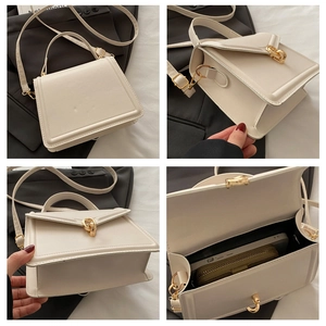 Detailed views of beige square handbag showing golden hardware and interior capacity