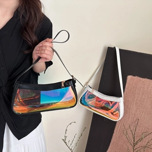 Chic transparent iridescent shoulder bag with PU leather trim in black and white styles