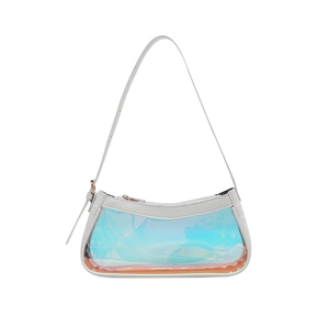 Holographic white baguette shoulder bag with iridescent TPU panel and zipper closure
