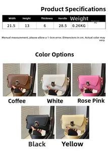Detailed size specifications and five available colors for this PU leather crossbody bag