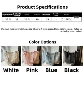 Size guide for jacquard tote bag with woven handles showing color and dimension specs
