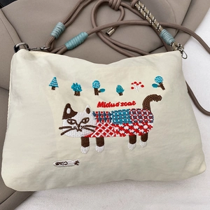 Large beige canvas crossbody bag with cartoon cat embroidery and woven rope shoulder strap