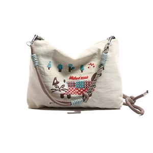 Large capacity canvas shoulder bag with cat embroidery and woven rope strap
