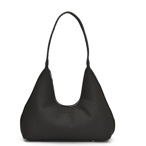 Minimalist black woven hobo shoulder bag with a spacious interior and sleek arc design