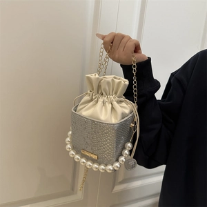 Silver snakeskin bucket bag with large pearl handle and gold chain strap for women