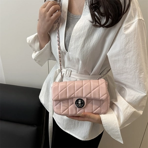 Sac à Épaule en Cuir PU Matelassé pour Femmes Bandoulière Chaîne Argent Fermeture Verrou Petit Sac Carré Uni