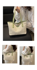 Detailed close-up of large crochet tote bag with lace pattern and green faux leather straps