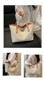 Detail of white crochet lace tote bag featuring pink leather handles and floral hollow design