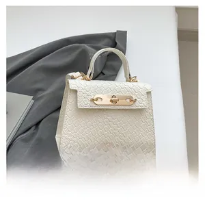 Close-up of white croc-embossed texture and golden buckle on mini Kelly handbag