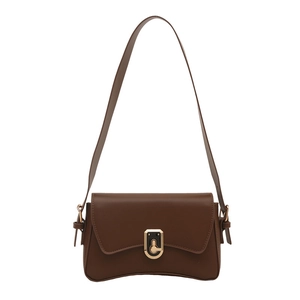 Minimalist dark brown crossbody bag with curved base and gold geometric metal buckle