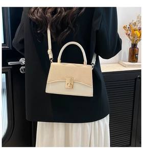 Model wearing a contrasting minimalist crossbody bag with woven texture and gold clasp