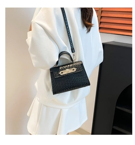 Detail of black mini bag featuring gold twist-lock and textured leather on a model back