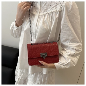 Detail of red woven texture on crossbody bag with dark grey metal chain and buckle