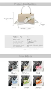 Detailed size chart and multi-color view of shoulder bag with metallic buckle and sequins