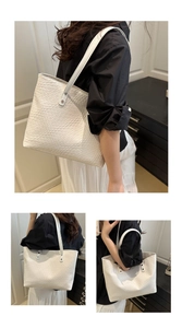Detailed views of a white tote bag featuring premium woven texture and large capacity