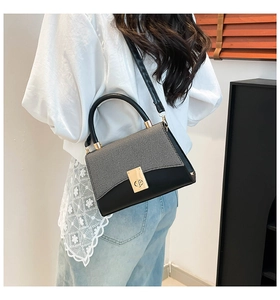 Model wearing a two-tone contrast flap bag with gold hardware and a black leather handle