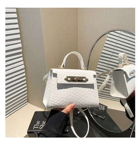 Detail showing the white textured mini Kelly bag with gold hardware and top handle