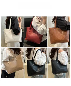 Detailed views of high-capacity tote bags in various colors shown on a female model