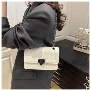 Détail d'un sac bandoulière blanc à motif pierre avec fermoir métallique et bandoulière