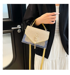 Dettaglio borsa blu trasparente in PVC con patta dorata glitterata e nappa in metallo