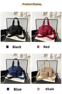Multiple colors of women's nylon crossbody bag showing black, red, blue, and khaki versions