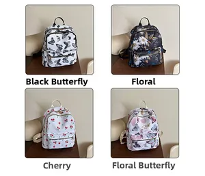 Detail of four floral nylon backpacks featuring butterfly, cherry and flower print patterns