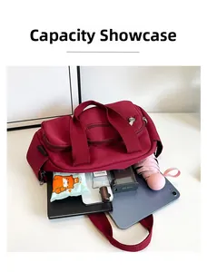 Top view of deep red nylon tote bag showing large capacity for tablet and daily items