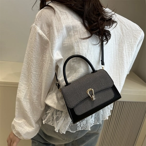 Detail of a chic crossbody bag with grey herringbone fabric and gold horseshoe clasp