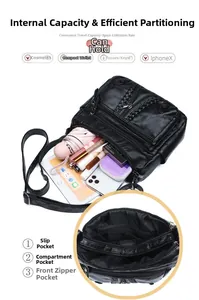 Macro detail of spacious interior compartments and multi-zipper pocket of black leather bag