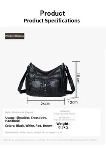 Detail view of black multi-pocket soft faux leather crossbody bag with size specifications