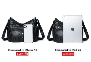 Close-up of black PU leather crossbody bag size compared with iPhone 16 and iPad