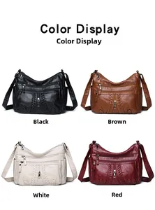 Detailed color display of soft faux leather crossbody bags with multiple zipper pockets