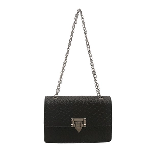 Black snake pattern crossbody bag with silver chain strap and geometric metal clasp