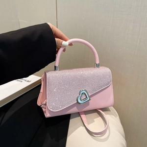 Fashion Women Shiny Glitter Splicing Small Square Bag Heart Shaped Metal Lock PU Leather Shoulder Crossbody Bag Handbag
