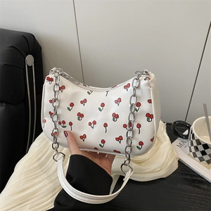 Sac à Épaule Sous le Bras en Nylon Imprimé Cerise pour Femme Style Coréen avec Chaîne en Métal Argenté Fermeture Éclair Mode Décontractée