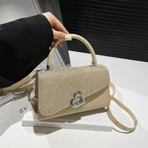 Fashionable beige color-block handbag with sparkling rhinestone flap and heart-shaped lock