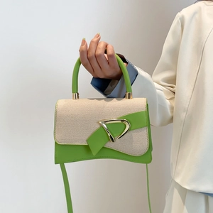 Green leather and beige woven patchwork handbag with gold D-ring buckle