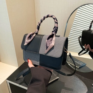 Urban Minimalist Splicing PU Fabric Shoulder Bag For Women Fashion Scarf Handle Small Square Handbag Crossbody Bag