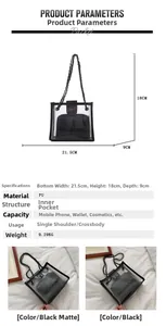 Detailed size chart for clear PVC chain bag with removable inner pouch and metal strap