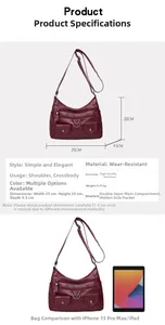 Detailed size comparison of a burgundy multi-pocket crossbody bag next to a tablet device