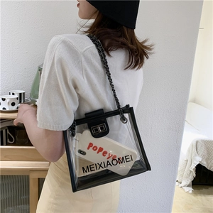Detail of transparent PVC tote bag with black leather trim and metal chain strap