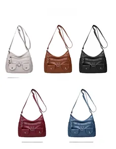 Multi-pocket crossbody bag for women shown in grey, brown, black, red, and blue colors